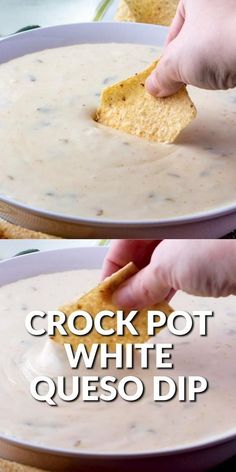 two pictures showing how to make crock pot white queso dip