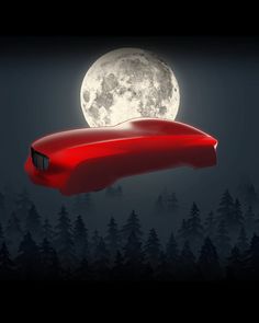 a red car with the moon in the background is flying through the air over trees