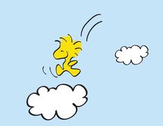 an image of a cartoon dog jumping in the air with clouds around him on a blue sky background