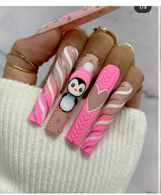 Pink Christmas Nail Designs, Penguin Nail Art, Penguin Nails, Christmas Nails Ideas, Christmas Nail Ideas, Festive Nail Art, Sweater Nails, Christmas Nail Art Designs, Silver Top