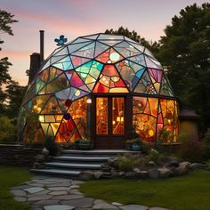 a glass dome home with stairs leading up to the front door and windows on each side