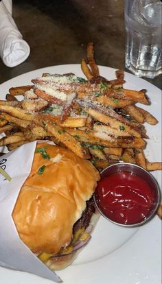 a white plate topped with a hamburger and french fries next to ketchup sauce