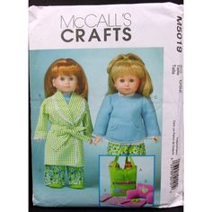 two dolls are wearing pajamas and one is holding a bag with the name mcal's crafts on it