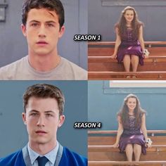 four different pictures of the same person sitting on a bench, one in a dress and one in a sweater