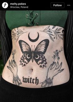 a woman's stomach with tattoos on it and the words witch written in black ink