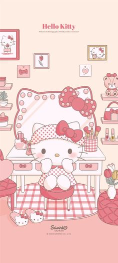 hello kitty is sitting at a desk in front of a mirror