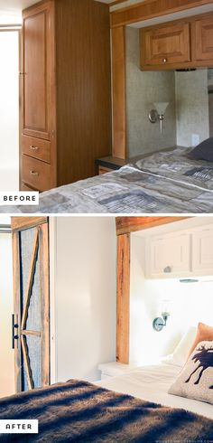 before and after photos of a bedroom with built in cabinets