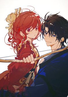 two anime characters with red hair and blue eyes, one holding a bow while the other holds