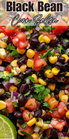 black bean corn salad with cilantro, tomatoes, and green garnish