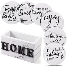 white marble coasters with black lettering and the words'home'written on them