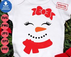 a snowman svg cut file is shown on a white shirt with red bows