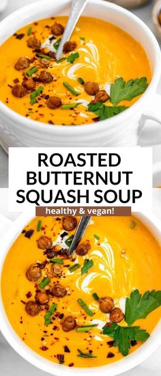 two bowls of roasted butternut squash soup with the title text above it in black and white