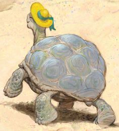 a painting of a turtle with a hat on it's head walking in the sand