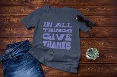 "Gratitude is the reason for the season!  Show yours with this groovy tee.  Check the listings for additional colors!  In Gildan navy. For more awesome tees, visit the HarHarTees Etsy store.  In S - 5X! FREE SHIPPING This t-shirt is designed and printed in the USA on a 100% cotton 'beefy' Gildan 5000 Unisex T-shirt.  *Generous fit - longer, dropped shoulder seams and wider sleeves than slim fit tees. *100% pre-shrunk cotton.  The cotton is breathable and holds it form more than the clingy or 'soft and cozy' t-shirt alternatives.  *Taped shoulder and neck seams.  No side seams - the tubular fit will not twist on you or after the wash. Shipping: Our tees are printed and packaged within 1-4 business days.   Allow 1-3 business days for the processing of your order, and 2-6 days for shipping (w Groovy Tees, Christian Shirts Designs, Thankful Shirt, Christian Quote, Screen Printing Ink, Thanksgiving Shirt, Quote Tees, Fall Shirt, Thanksgiving Shirts