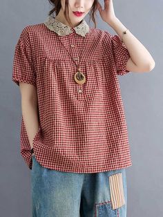 Cotton Blend Plaid Polo Puff Sleeve T-Shirts Tops BLACK PLAID-XL Oversize Women, Linnet, Summer Fabrics, Summer Cotton, Outfit Casual, Cotton Blouses, Black Plaid, Red Plaid, Shirts & Tops