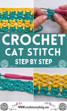 the crochet cat stitch step by step pattern is shown in three different pictures