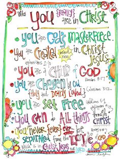 a colorful poster with the words you are in christ and other things to say on it