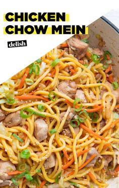 chicken chow mein with noodles and vegetables in a pan on a white table top, with the title above it