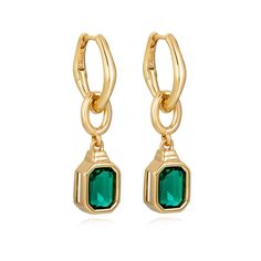 Designed to compliment every look, each earring features a delicate gold huggie with a drop down emerald pendant.  You can keep it classy with our emerald pendant or wear the huggies on its own for a simpler look - a multi-functional earring with a versatile nature. All of our 18k gold or silver plated jewellery should be stored in a cool, dry place and cleaned carefully with a soft non-abrasive cloth to maintain shine. Our pieces also contain real glass stones, cubic zirconia or freshwater pear Gold Jewellry, Emerald Pendant, Keep It Classy, Jewelry Lookbook, Silver Plated Jewelry, Emerald Earrings, Green Earrings, Timeless Jewelry, Single Earring