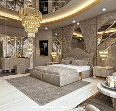 a luxurious bedroom with chandelier, mirror and marble furniture in the middle of the room