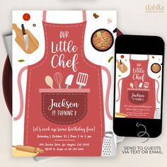 the little chef birthday party is on display with an iphone and other items to choose from