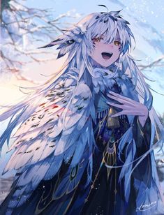 an anime character with white hair and blue eyes is standing in front of snow covered trees