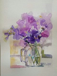 watercolor painting of purple flowers in a glass vase