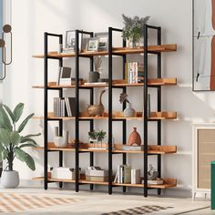 a book shelf with many books and plants on it in the corner of a room