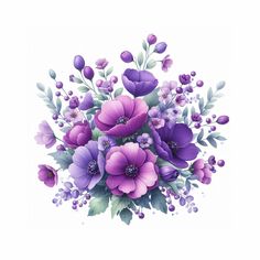 a bouquet of purple flowers on a white background