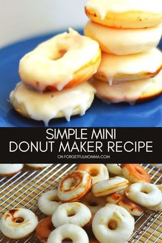 donuts are stacked on top of each other with the words simple mini donut maker recipe