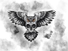 an owl with large wings flying through the sky