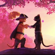 two cats are standing next to each other in front of a pink sky and tree