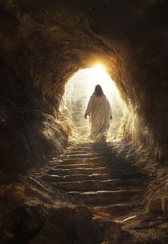 jesus walking through a tunnel with light coming from the entrance to his cave, in front of him