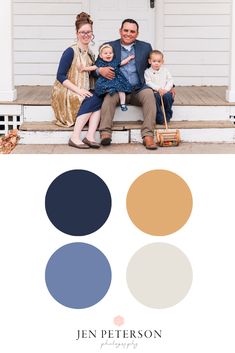 a family sitting on the front steps of a house with their baby and toddler