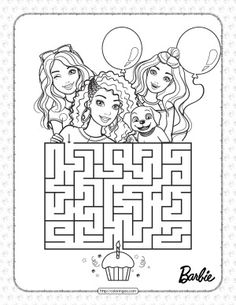 barbie and friends coloring page with balloons in the air, one girl is holding a cupcake