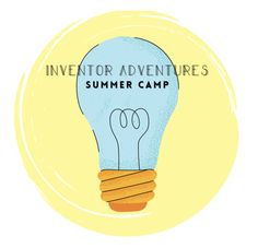 a light bulb with the words inventor adventures summer camp written on it in front of a yellow circle