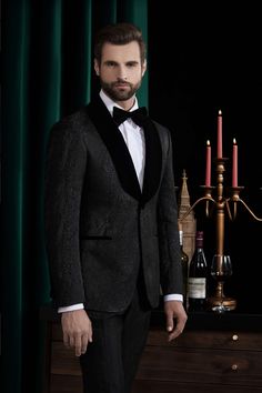 This is the ultimate black tie ensemble that will have you ready for anything, from a day event to a summer wedding. Like this look but want to make some changes? Chat with a stylist or book an appointment. Fabric No: J47177/220 Color: Black Occassion: Formal Indian Groom Dress, Best Suits For Men, Mens Formalwear, Wedding Blazers, Custom Tuxedo, Black Tie Attire, Tuxedo Black, Party Inspo, Indian Groom