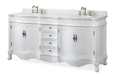 a white double sink vanity with two mirrors and drawers on the side, in front of a white background