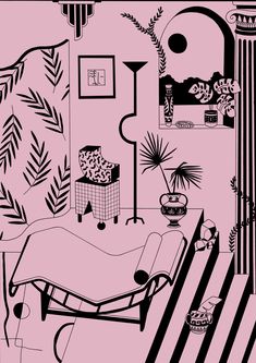 a black and white drawing of a living room with pink walls, furniture and plants