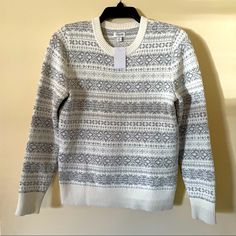 Jcrew Fair Isle Sweater -Size Small. White And Gray. Gorgeous For Holidays. Fitted White Sweater With Fair Isle Pattern, Fitted White Fair Isle Sweater, Heart Tee Shirt, Olive Sweater, Dramatic Sleeves, Geometric Sweater, Cropped Knit Sweater, Jcrew Sweater, Merino Wool Cardigan