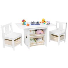 a white table and two chairs with toys in them on the bottom shelf next to each other