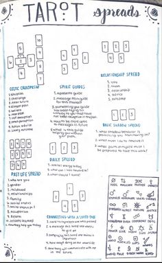 a hand drawn tarot spread on top of a piece of paper with words and symbols