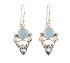 Capturing the majestic beauty of glacial ice, these earrings feature two pale blue gemstones -- faceted blue topaz and smooth chalcedony -- in bezel settings. Sterling-silver tendrils and hooks finish the delicate pair with shimmering details. From Novica. Silver Aquamarine Gemstone Earrings, Topaz Earrings, Blue Gemstones, Artisan Craft, Bezel Setting, Pale Blue, Blue Topaz, Topaz, Jewelry Earrings