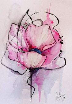 a watercolor painting of a pink flower