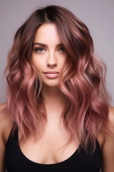 Dark Brown Rose Gold Balayage, Balayage Hair Rose Gold Brunettes, Chocolate Rose Balayage, Dusty Rose Balayage Brunettes, Rose Gold Brunette Hair Balayage, Dark Roots With Red Balayage, Medium Rose Gold Hair, Pink Hair For Dark Hair, Dark Hair Pink Underneath