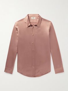 CELINE Silk-Satin Shirt | MR PORTER Designer Pink Top For Formal Occasions, Pink Fitted Luxury Tops, Luxury Fitted Pink Tops, Trendy Fitted Silk Tops, Classic Summer Shirt For Night Out, Satin Shirt Men, Silk Shirt Outfit, Satin Shirt, Plain Shirts