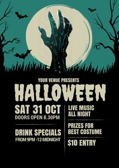 halloween party flyer with zombie hand and full moon in the background - free pst file