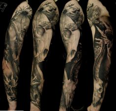 tattoos on the arms and legs of men with different types of animals, birds and flowers