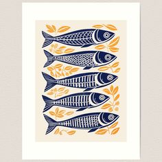 three fish with leaves and flowers in the background art print