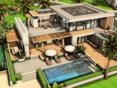 this is an artist's rendering of a modern house with pool and decking